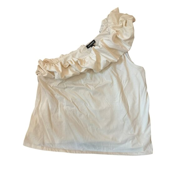Express Ivory One-Shoulder Ruffle Top L 75% Cotton 25% Polyester Preppy Classic - Picture 1 of 4